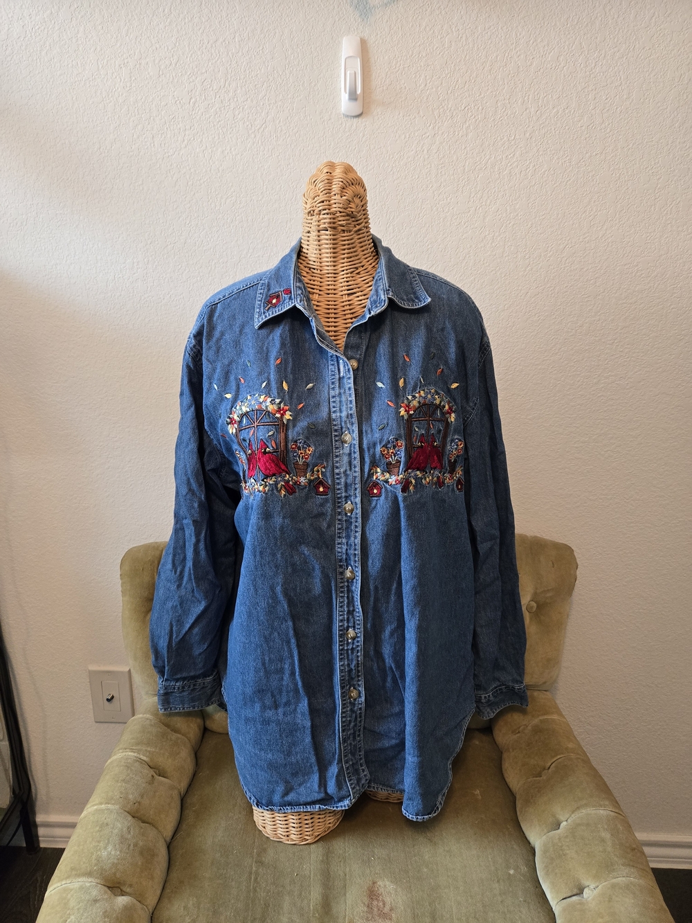 Bobbie Brooks Denim Button-Down Shirt with Floral Embroidery - Blue